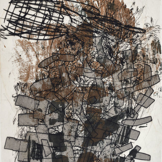 Le Pélerin, pointe sèche et collage sur fond d’encres, 75×45 cm