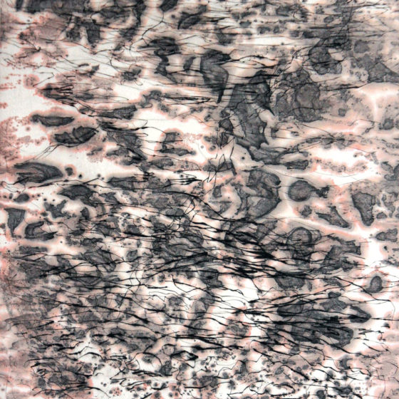 Percorso, pointe sèche sur fond d’encres, 42×32 cm